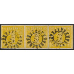 BAVARIA / BAYERN - 1862 1Kr yellow Numeral, imperforate strip of 3, used – Michel # 8I