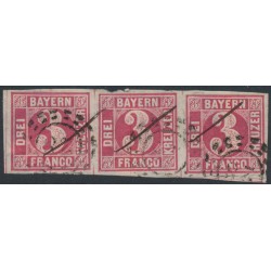 BAVARIA / BAYERN - 1862 3Kr rose-red Numeral, imperforate strip of 3, used – Michel # 9a