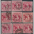 BAVARIA / BAYERN - 1862 3Kr red Numeral, imperforate x 9 examples, used – Michel # 9