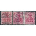 GERMANY - 1905 10pf red Germania, the three listed shades, used – Michel # 86Ia+86Ib+86Ic