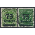 GERMANY - 1923 75Tausend on 400Mk green, both listed shades, used – Michel # 287a+287b