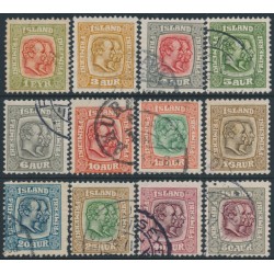ICELAND - 1907 1E to 50a Two Kings short set of 12 with crown watermark, used – Facit # 76-87