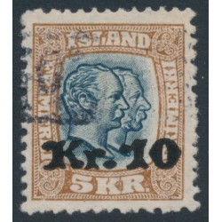 ICELAND - 1930 10Kr overprint on 5Kr brown/black-blue Two Kings, used – Facit # 107