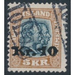 ICELAND - 1930 10Kr overprint on 5Kr brown/black-blue Two Kings, used – Facit # 107