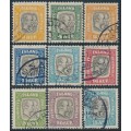 ICELAND - 1907-1918 3a to 50a Two Kings ÞJÓNUSTU (Officials) set of 9, used – Facit # TJ26-TJ32