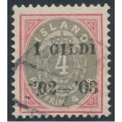 ICELAND - 1902 4a red/grey Numeral, perf. 12¾, overprinted Í GILDI ’02-‘03, used – Facit # 50