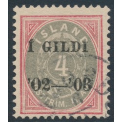 ICELAND - 1902 4a red/grey Numeral, perf. 12¾, o/p Í GILDI ’02-‘03, inverted watermark, used – Facit # 50v8