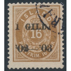 ICELAND - 1902 16a brown Numeral, perf. 12¾, overprinted Í GILDI ’02-‘03, used – Facit # 54