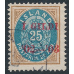 ICELAND - 1902 25a brown/blue Numeral, perf. 12¾, overprinted Í GILDI ’02-‘03, used – Facit # 62