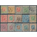 ICELAND - 1907 1E to 5Kr Two Kings set of 15 with crown watermark, used – Facit # 76-90