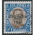 ICELAND - 1931 1Kr blue/brown King Christian X, o/p Zeppelin 1931, used – Facit # 163