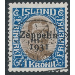ICELAND - 1931 1Kr blue/brown King Christian X, o/p Zeppelin 1931, used – Facit # 163