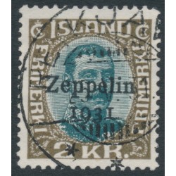 ICELAND - 1931 2Kr brown/green King Christian X, o/p Zeppelin 1931, used – Facit # 164