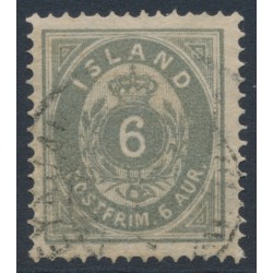 ICELAND - 1895 6aur greenish grey Numeral, perf. 14:13½, used – Facit # 11e