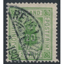 ICELAND - 1876 20a yellow-green Numeral, perf. 14:13½, ÞJÓNUSTU, used – Facit # TJ8c