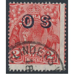 AUSTRALIA - 1932 2d red KGV Head, SM watermark, o/p OS, misplaced perforations, used – ACSC # 102A(OS)