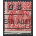 AUSTRALIA - 1932 2d red KGV, SM wmk, o/p OS, misplaced perfs. & overprint, used – ACSC # 102A(OS)