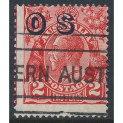 AUSTRALIA - 1932 2d red KGV, SM wmk, o/p OS, misplaced perfs. & overprint, used – ACSC # 102A(OS)