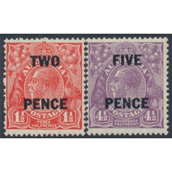 AUSTRALIA - 1930 2d on 1½d red & 5d on 4½d violet overprints set of 2, MNH – ACSC # 101A+125A