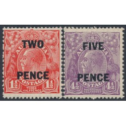 AUSTRALIA - 1930 2d on 1½d red & 5d on 4½d violet overprints set of 2, MNH – ACSC # 101A+125A