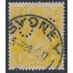 AUSTRALIA - 1916 4d lemon-yellow KGV, single watermark, perf. OS, used – ACSC # 110Cb