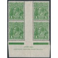 AUSTRALIA - 1926 1d green KGV, SM watermark, Ash imprint B/4, MH – ACSC # 81B(4)ze