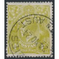 AUSTRALIA - 1924 4d olive KGV, 'flaw SE corner' [3R53], used – ACSC # 114B(3)o