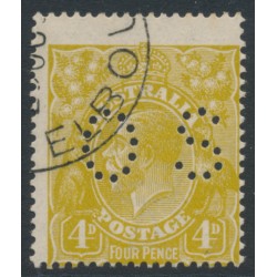 AUSTRALIA - 1924 4d olive KGV, perf. OS, misplaced perfs., CTO – ACSC # 114Aba+w