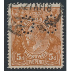 AUSTRALIA - 1915 5d chestnut KGV, line perf., 'flaw in upper frame' [1L7], used – ACSC # 122Ag+ba