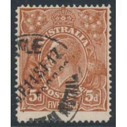 AUSTRALIA - 1915 5d chestnut KGV, line perf., 'notch in SW' [1L57], used – ACSC # 122Ar