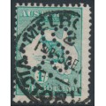 AUSTRALIA - 1913 1/- blue-green Kangaroo, 1st watermark, perf. large OS, used – ACSC # 30Cb
