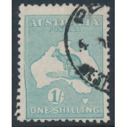 AUSTRALIA - 1929 1/- blue-green Kangaroo, SM watermark, ‘slurred left frame’, used – ACSC # 34A