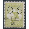 AUSTRALIA - 1913 3d pale olive-green Kangaroo, die I, 1st watermark, perf. small OS, used – ACSC # 12Ebc