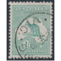 AUSTRALIA - 1929 1/- blue-green, SM watermark, 'colour spot on U' [4L10], used – ACSC # 34A(4)g