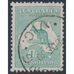 AUSTRALIA - 1929 1/- blue-green, SM watermark, 'colour spot on U' [4L10], used – ACSC # 34A(4)g