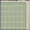 AUSTRALIA - 1913 ½d green Kangaroo, part sheet of 49 stamps, MNH – ACSC # 1A + 1A(2)m 