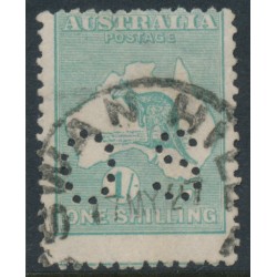 AUSTRALIA - 1920 1/- green Kangaroo,3rd watermark, misplaced perfs., used – ACSC # 33Aba