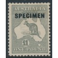 AUSTRALIA - 1924 £1 deep grey Kangaroo, 3rd watermark, o/p SPECIMEN, MH – ACSC # 53Bxh