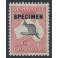 AUSTRALIA - 1934 £2 black/red Kangaroo, o/p SPECIMEN, ‘notch in Roo’s snout’, MH – ACSC # 58B(V)i + x 
