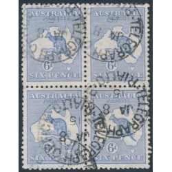 AUSTRALIA - 1913 6d blue Kangaroo, 1st wmk, B/4 with 'flaw in Gulf' [1R47], used – ACSC # 17A(1)f