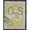 AUSTRALIA - 1923 3d greenish olive Kangaroo, die IIB, perf. OS, used – ACSC # 14Cb