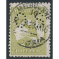 AUSTRALIA - 1913 3d olive Kangaroo, die I, 1st watermark, perf. small OS, used – ACSC # 12Abc