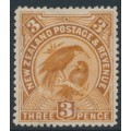 NEW ZEALAND - 1898 3d yellow-brown Huias, perf. 15:15, no watermark, MH – SG # 251