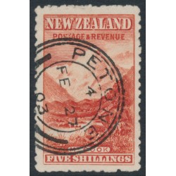 NEW ZEALAND - 1899 5/- vermilion Mt. Cook, no watermark, perf. 11:11, used – SG # 270