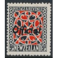 NEW ZEALAND - 1943 9d scarlet/black Maori Design, perf. 14:15, o/p OFFICIAL, MH – SG # O130