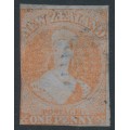 NEW ZEALAND - 1855 1d bright red QV Chalon, no watermark, imperforate, blue paper, used – SG # 4