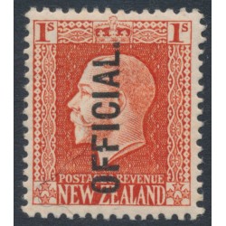 NEW ZEALAND - 1916 1/- vermilion KGV, perf. 14:14½, o/p OFFICIAL, MH – SG # O105b