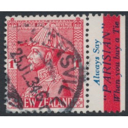 NEW ZEALAND - 1934 1d rose-carmine KGV Admiral with advert tab, used – SG # 468ea