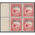 NEW ZEALAND - 1936 1d scarlet Kiwi block with cracked plate, o/p OFFICIAL, MNH – SG # O115