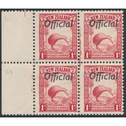 NEW ZEALAND - 1936 1d scarlet Kiwi block with cracked plate, o/p OFFICIAL, MNH – SG # O115